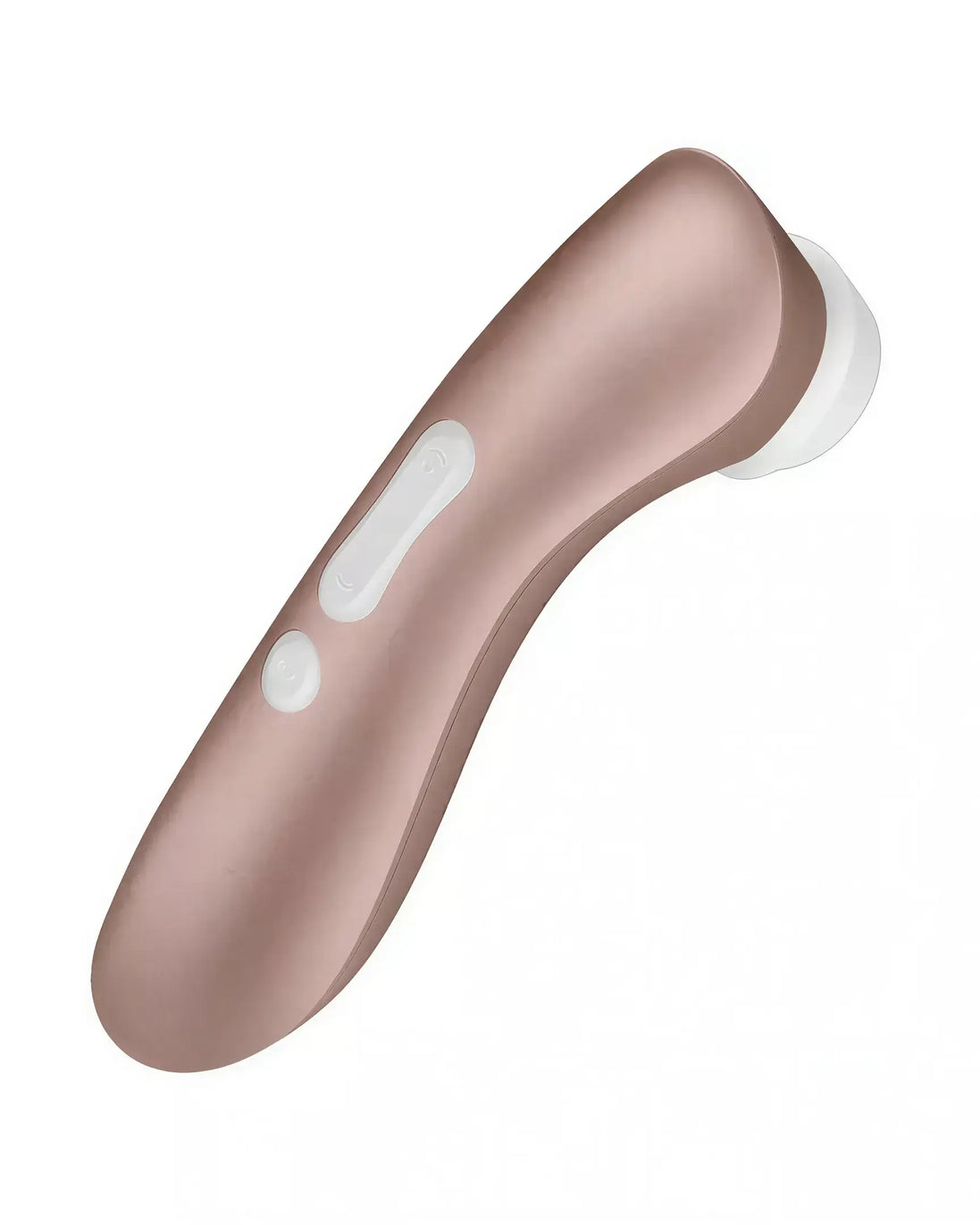 Satisfyer Pro 2 Plus in rose gold with a curved design and control buttons on the side, angled view.