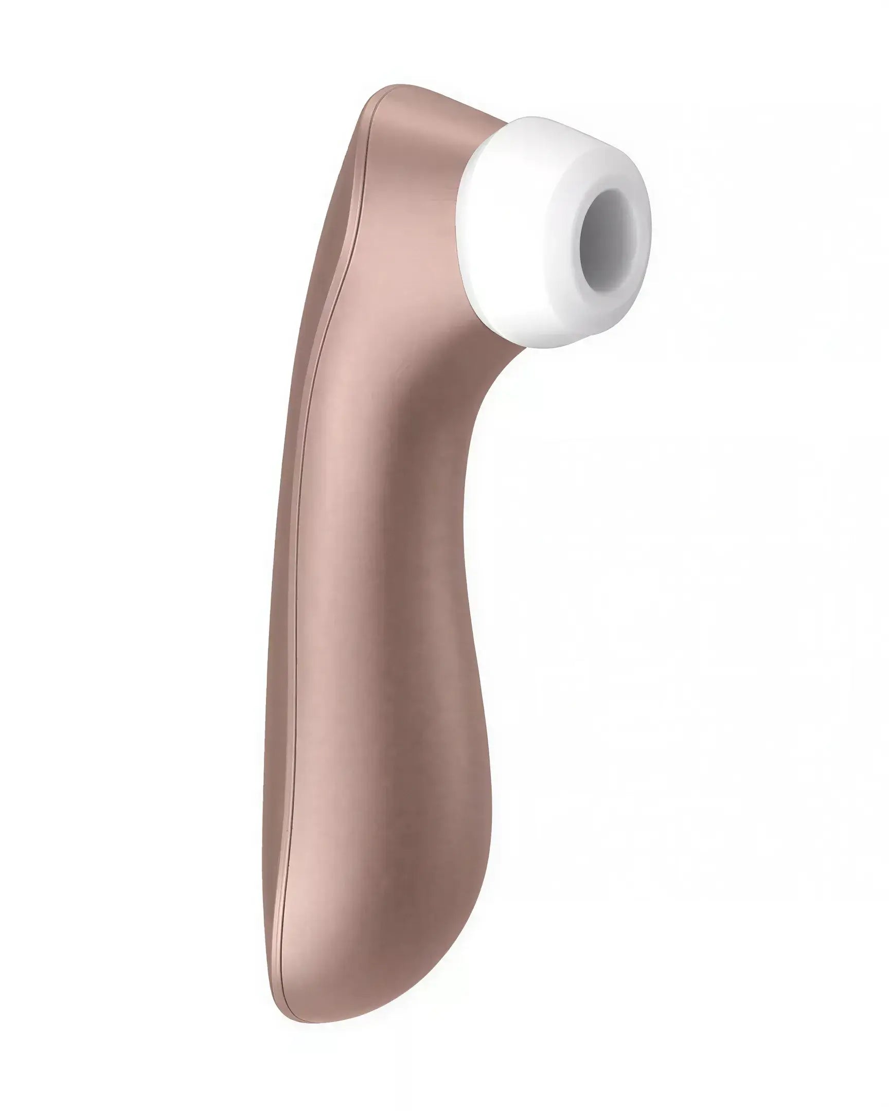 Satisfyer Pro 2 Plus in rose gold with a white silicone tip, angled for ergonomic use.