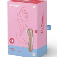 Satisfyer Pro 2 Plus in a pink box featuring a minimalist design and air pulse stimulation description.