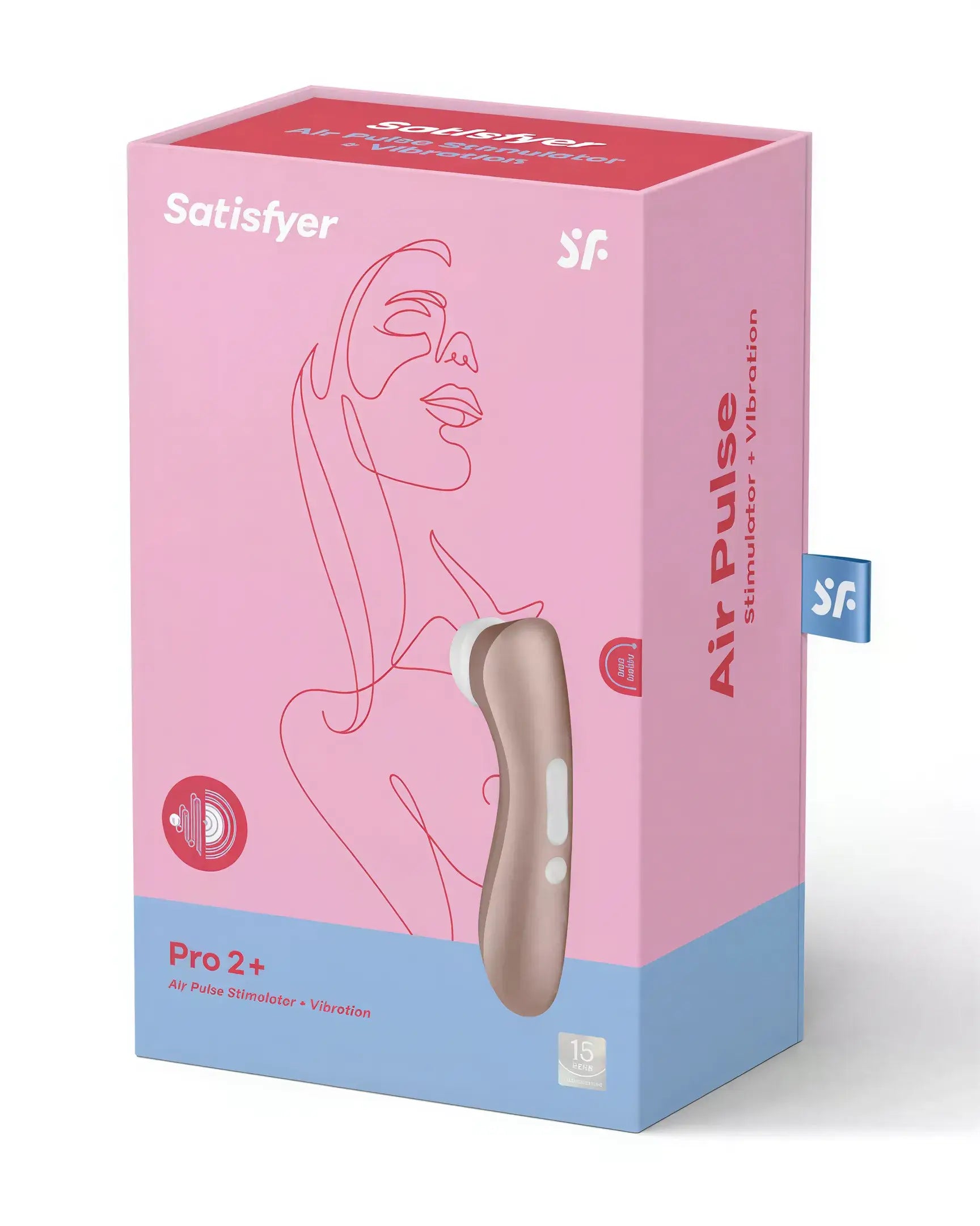 Satisfyer Pro 2 Plus in a pink box featuring a minimalist design and air pulse stimulation description.