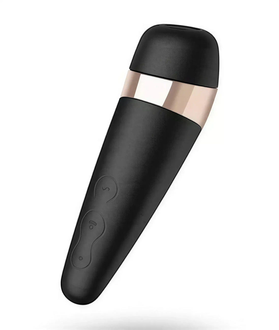 Satisfyer Pro 3 Plus in black with a rose gold accent, featuring control buttons on the side.