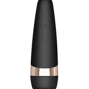 Satisfyer Pro 3 Plus in black with gold accents, featuring control buttons on the front.