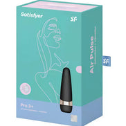 Satisfyer Pro 3 Plus packaging in teal and black, featuring a silhouette design and product details on the box.