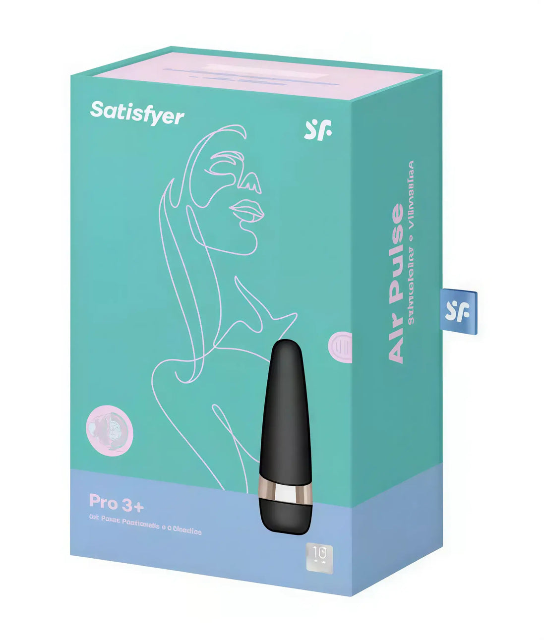 Satisfyer Pro 3 Plus packaging in teal and black, featuring a silhouette design and product details on the box.