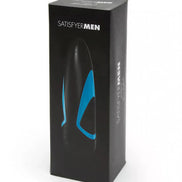 Satisfyer Men One product packaging featuring a sleek black box with blue accents and brand name prominently displayed.