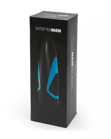 Satisfyer Men One product packaging featuring a sleek black box with blue accents and brand name prominently displayed.