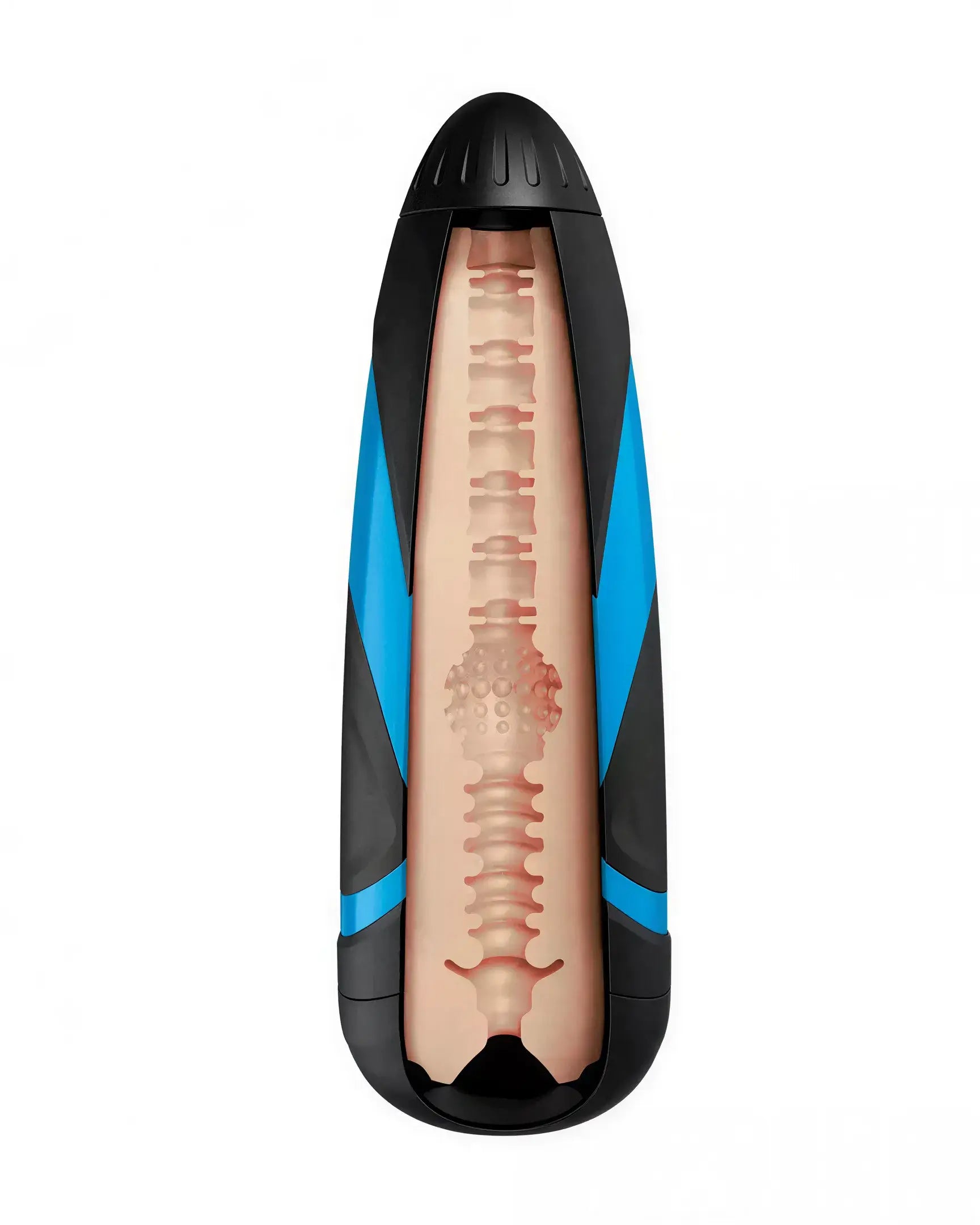 Satisfyer Men replacement sleeve Tri Delights in black and blue with textured interior for enhanced stimulation.
