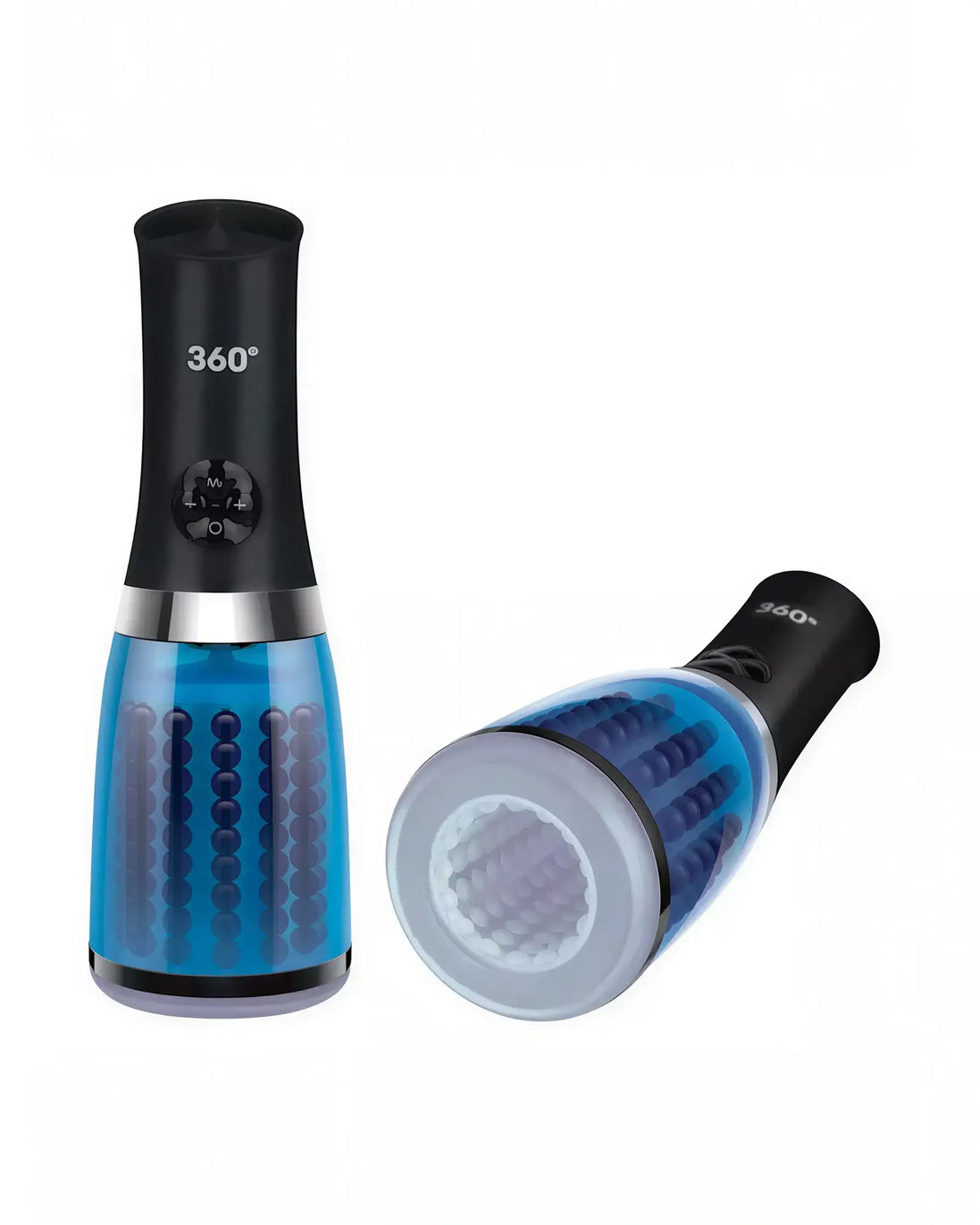 Zolo 360 rotating masturbator in black and blue, featuring a textured sleeve and ergonomic design for enhanced use.