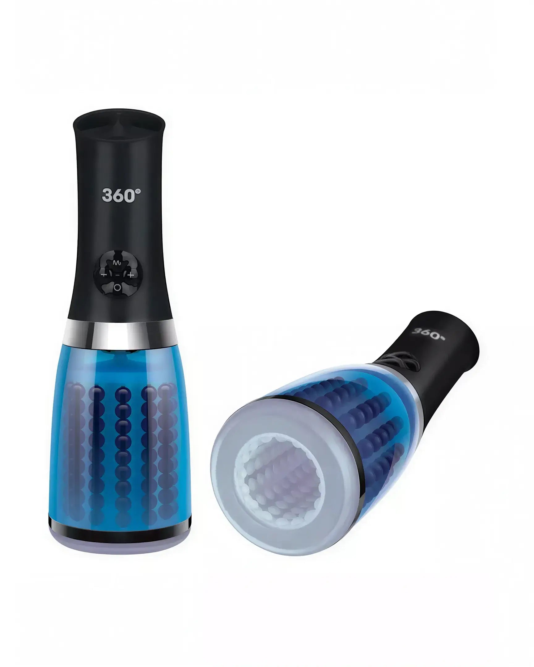 Zolo 360 rotating masturbator in black and blue, featuring a textured sleeve and ergonomic design for enhanced use.