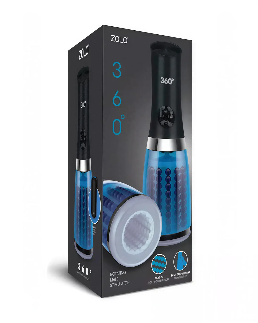 Zolo 360 rotating masturbator in a blue and black box, featuring a clear view of the product and branding details.