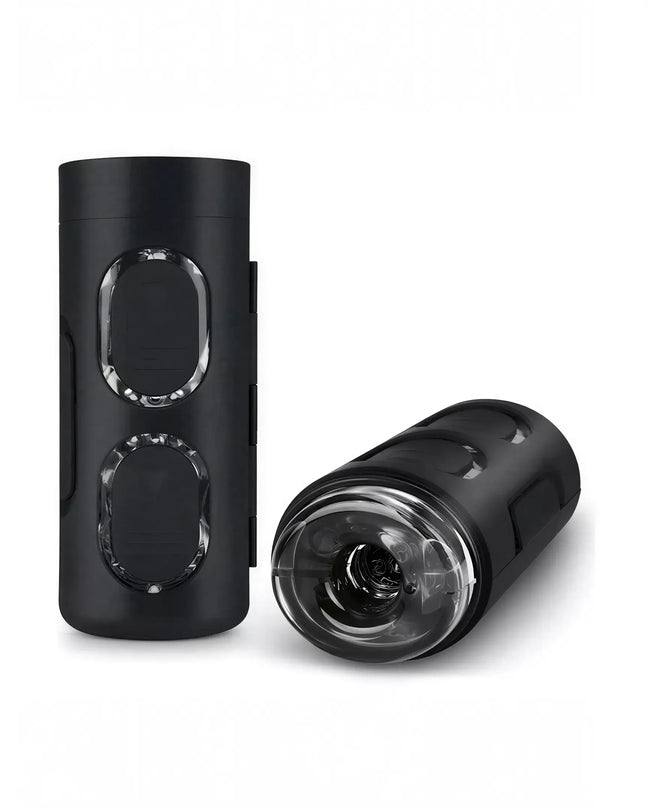 Zolo StrokeMeister masturbator in black, featuring a textured opening and control buttons on the side.