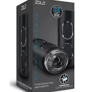 Zolo StrokeMeister masturbator packaging featuring a black design and clear viewing window for the product inside.