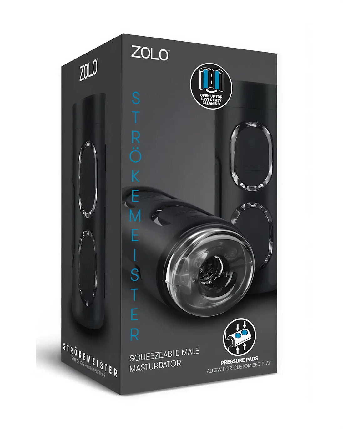 Zolo StrokeMeister masturbator packaging featuring a black design and clear viewing window for the product inside.