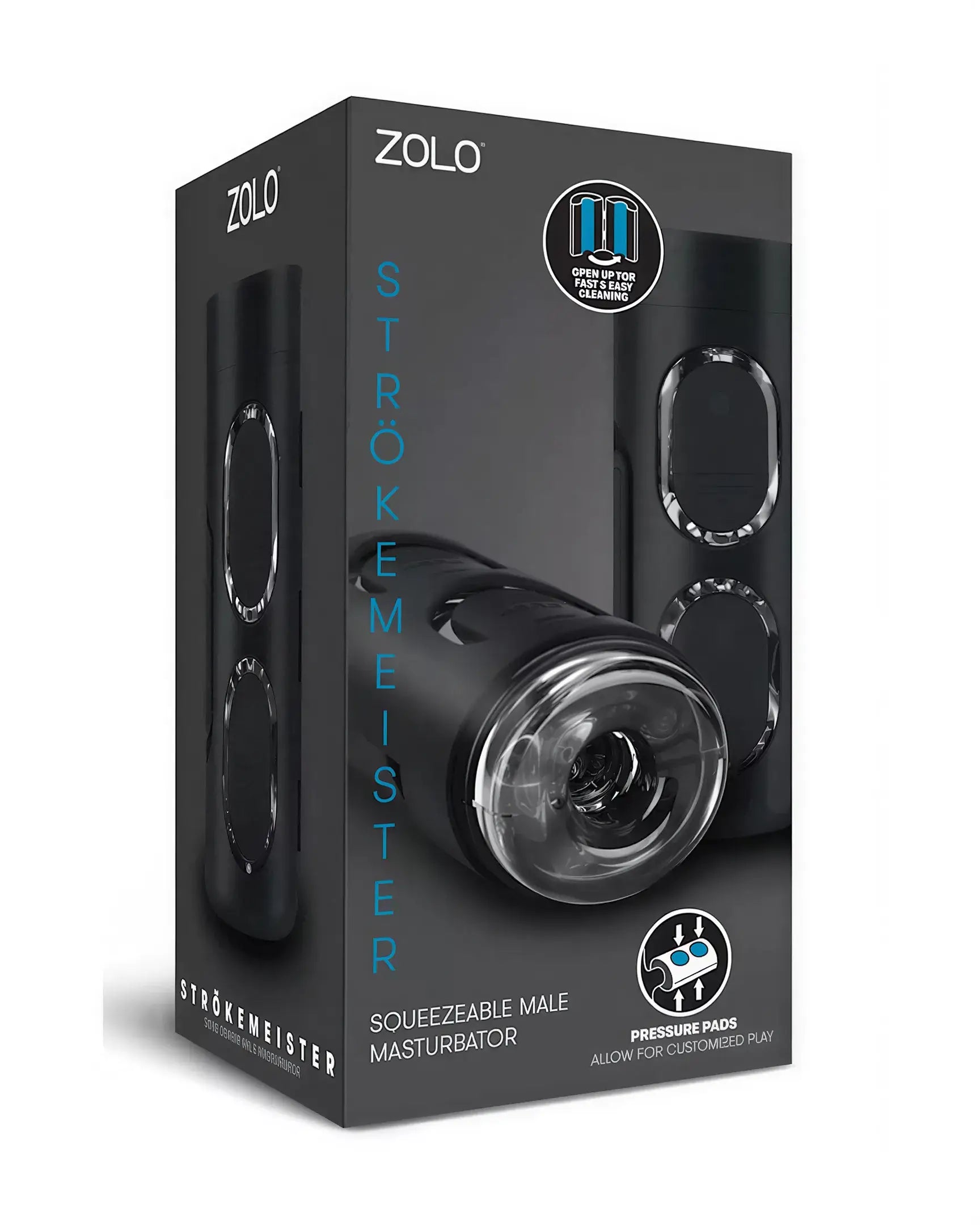 Zolo StrokeMeister masturbator packaging featuring a black design and clear viewing window for the product inside.