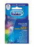 Durex Pleasure Pack condoms, featuring colorful packaging with fireworks design, includes three assorted latex condoms.