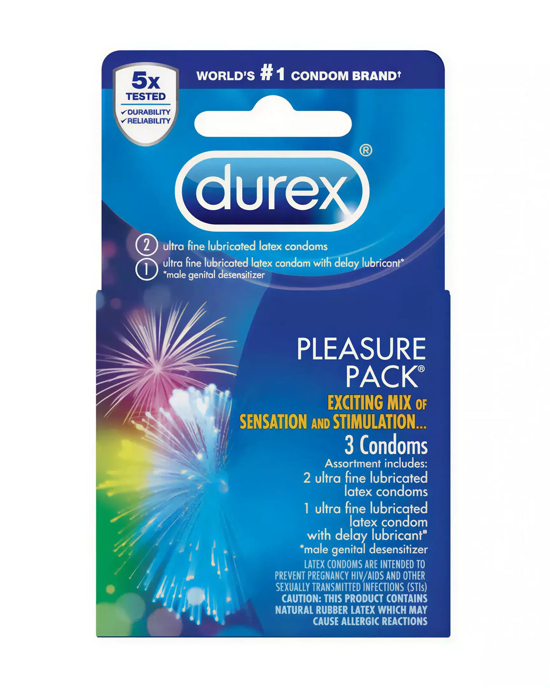Durex Pleasure Pack condoms, featuring colorful packaging with fireworks design, includes three assorted latex condoms.