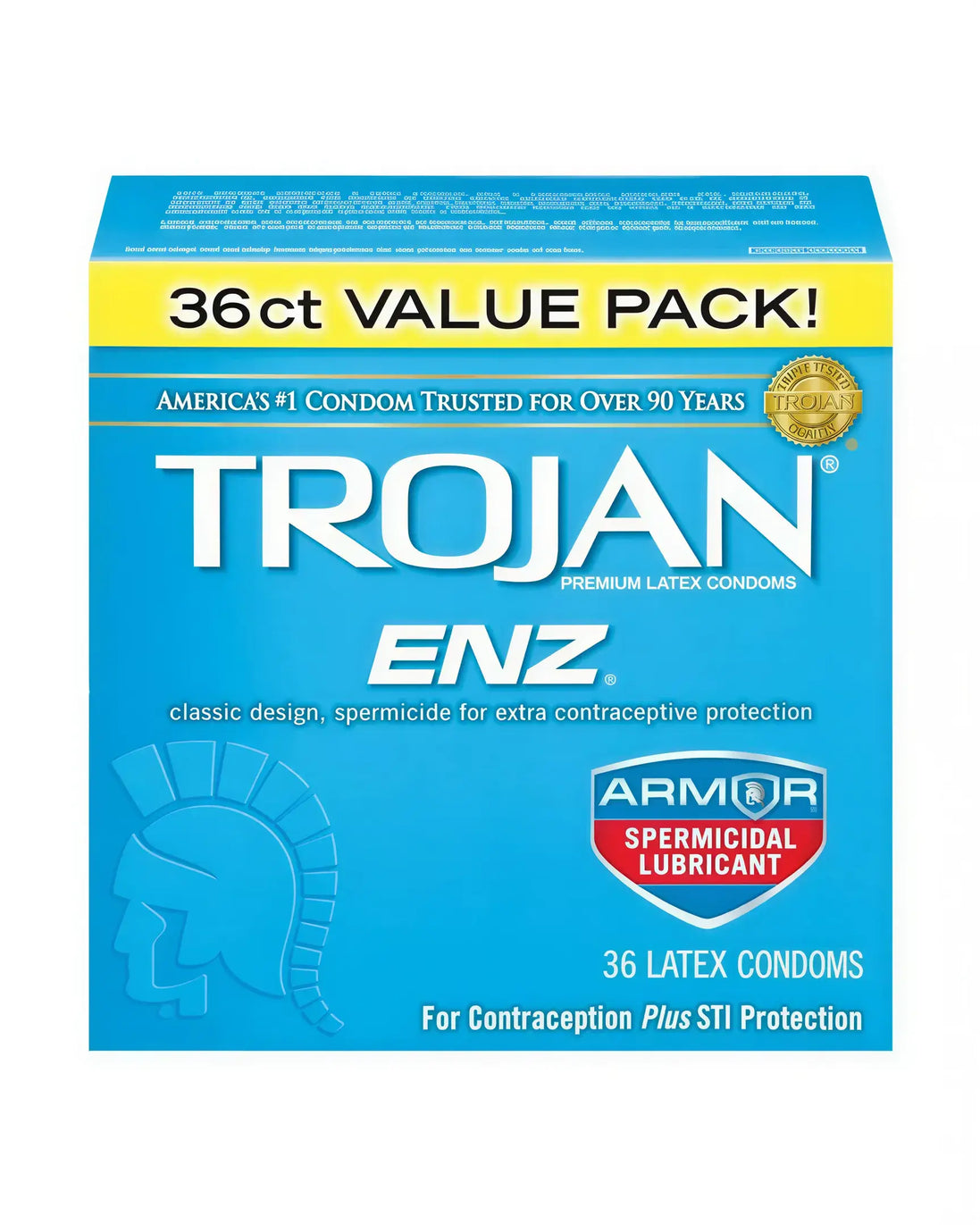 Trojan ENZ spermicidal condoms 36 pack in a blue box with a classic design and STI protection label.