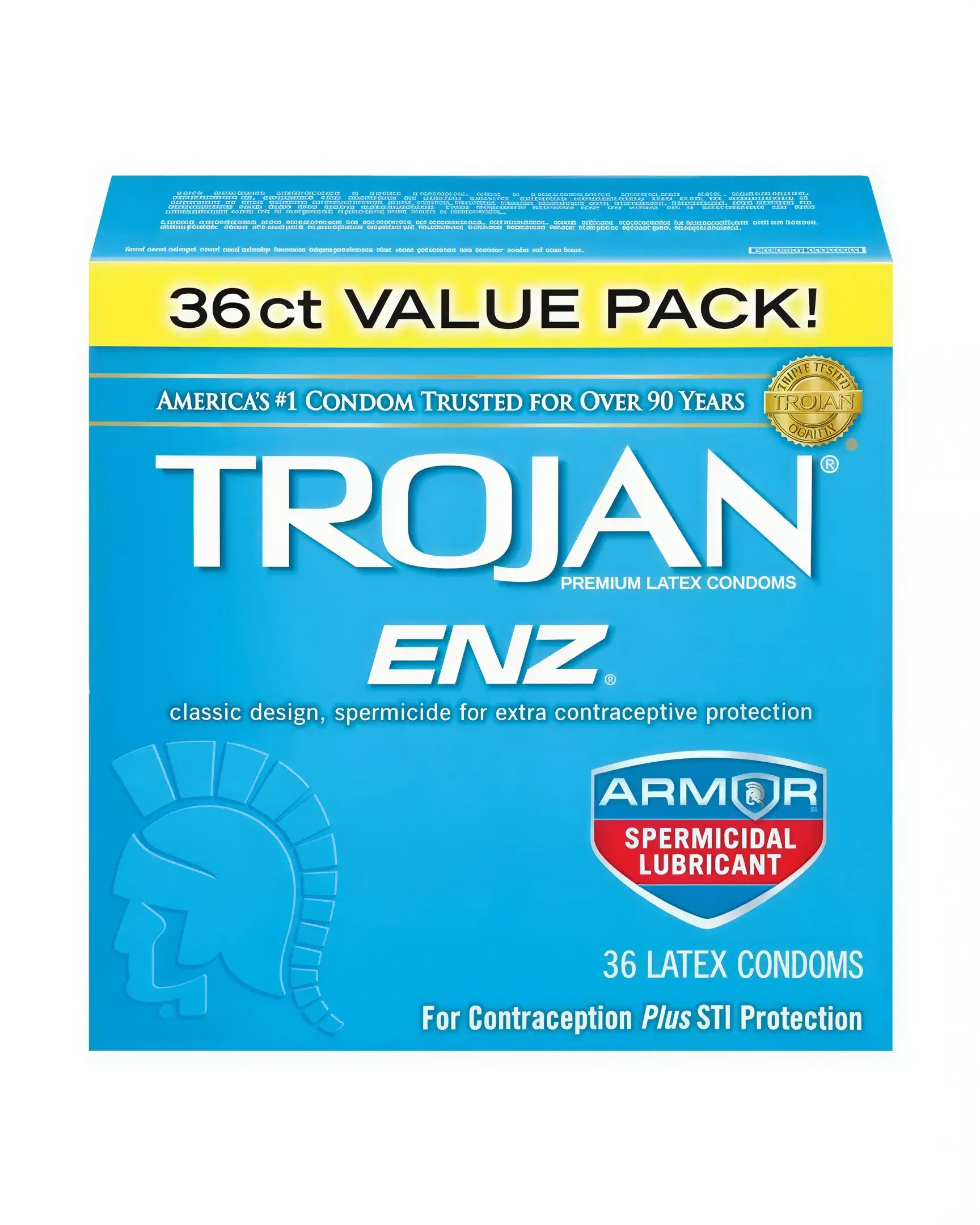 Trojan ENZ spermicidal condoms 36 pack in a blue box with a classic design and STI protection label.