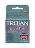 Trojan Ultra Thin Armour spermicidal condoms, 3-pack, featuring a blue and gold box with a Trojan helmet logo.