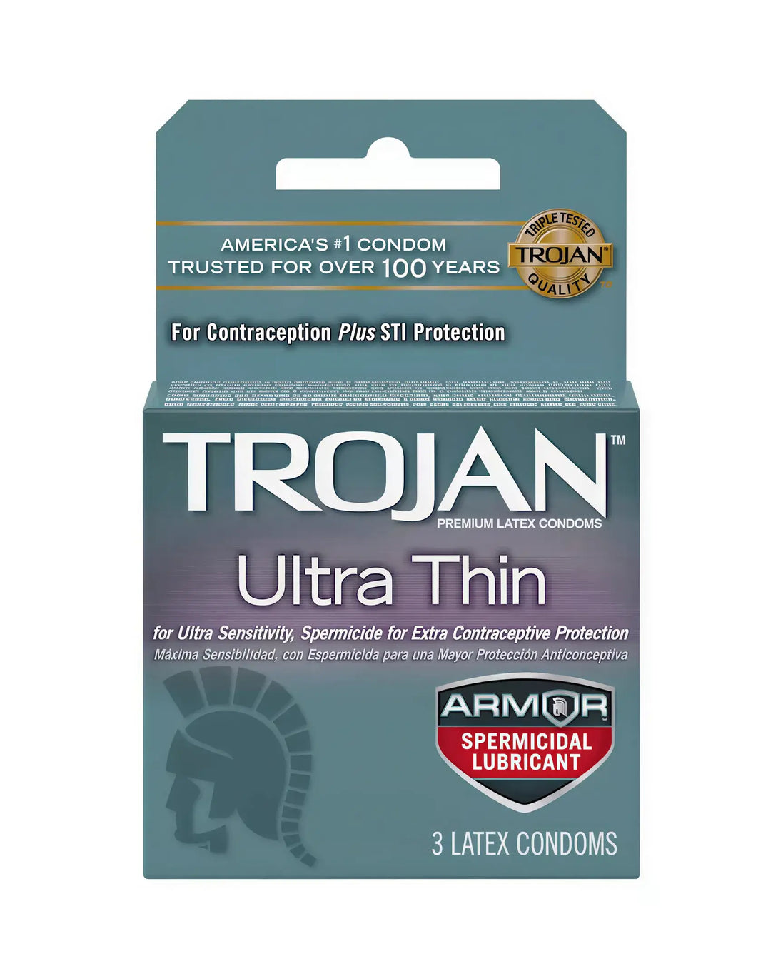 Trojan Ultra Thin Armour spermicidal condoms, 3-pack, featuring a blue and gold box with a Trojan helmet logo.