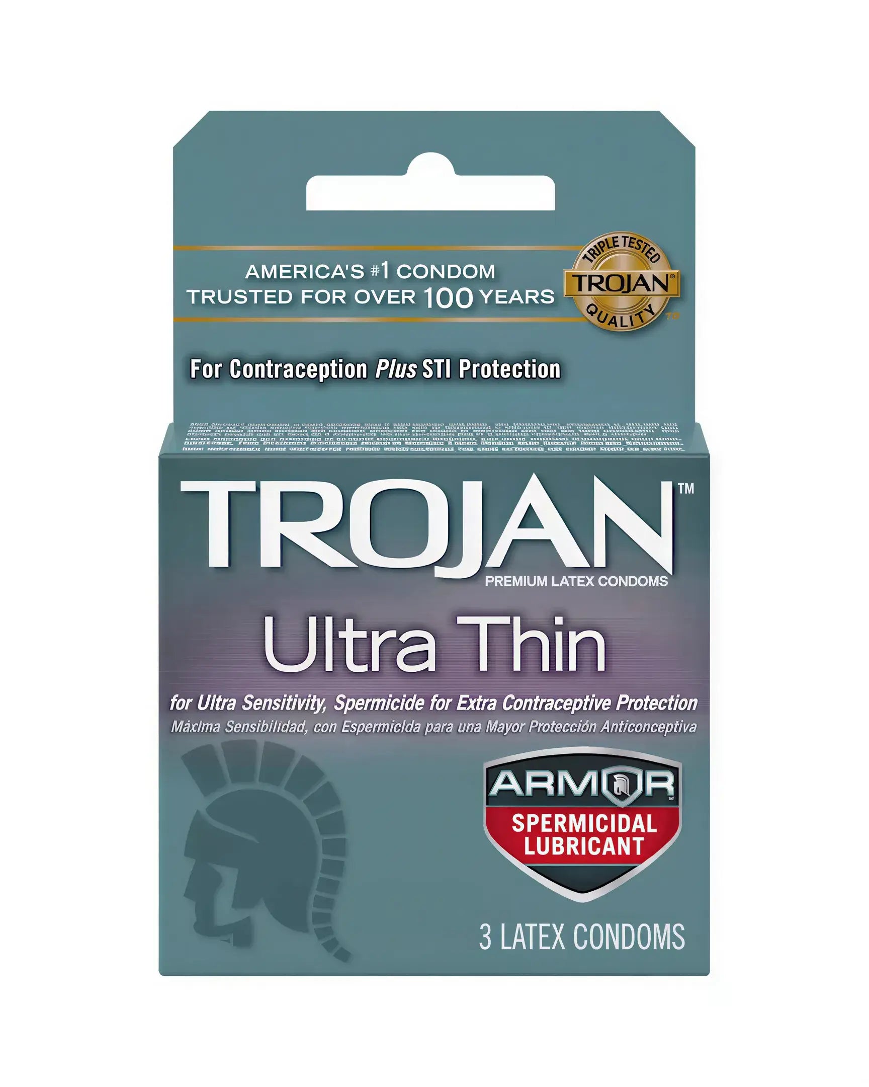 Trojan Ultra Thin Armour spermicidal condoms, 3-pack, featuring a blue and gold box with a Trojan helmet logo.