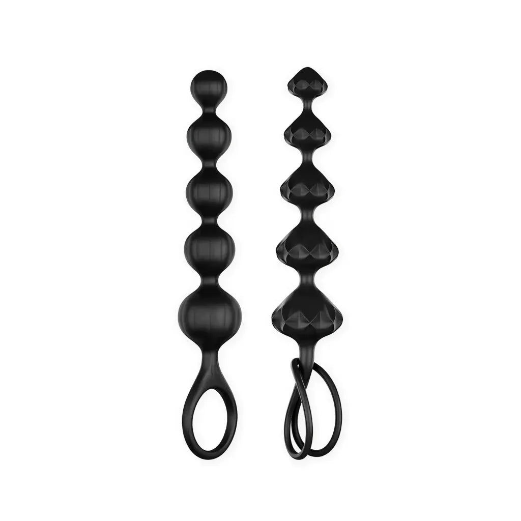 Satisfyer Love Beads in black silicone, featuring two sets of graduated beads with loops for easy handling.