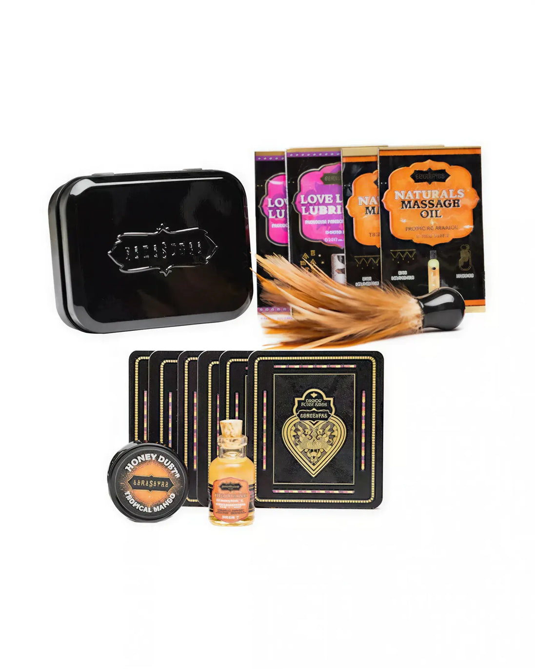 Kama Sutra Weekender Kit in Tropical Mango with massage oil, lubricants, and a feather applicator in a black tin.
