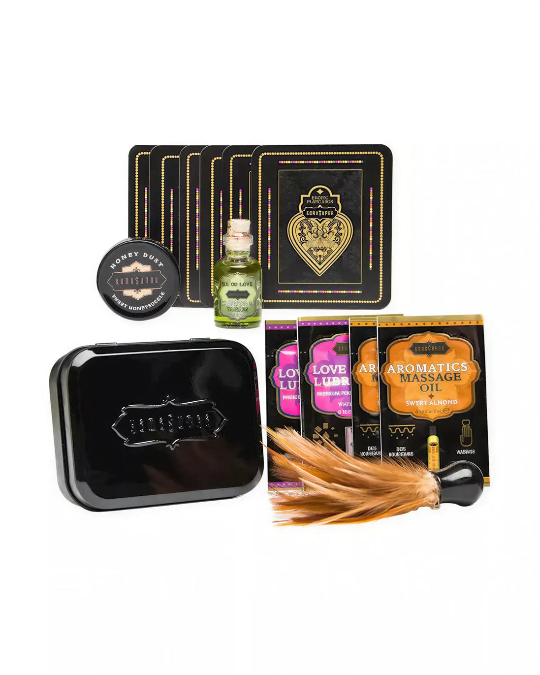 Kama Sutra Weekender Kit Strawberry Dreams with massage oil, cards, and accessories in a black tin container.