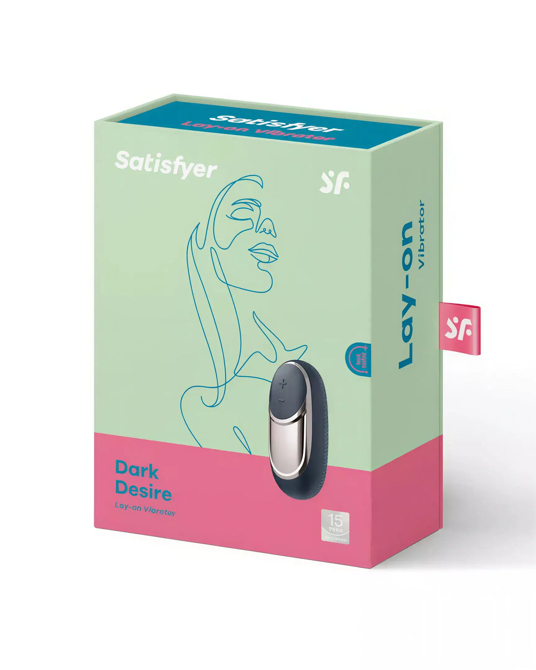 Satisfyer Layons - Dark Desire packaging featuring a sleek design with a black vibrator and pastel green and pink colors.