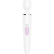 Satisfyer Wand-er Woman Wand in white with a rounded head and a purple control button.