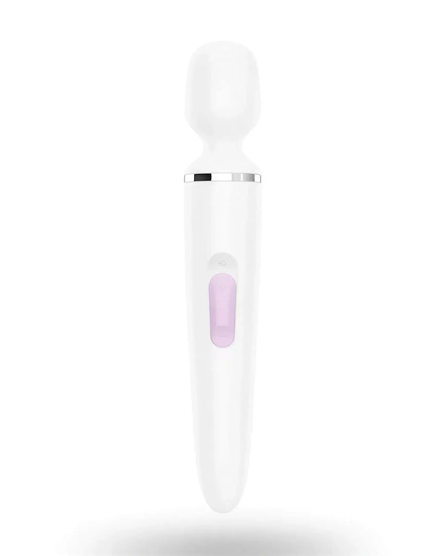 Satisfyer Wand-er Woman Wand in white with a rounded head and a purple control button.