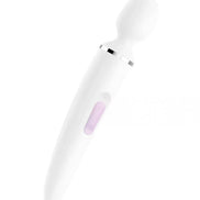 Satisfyer Wand-er Woman Wand in white with a rounded head and purple control button, angled for visibility.