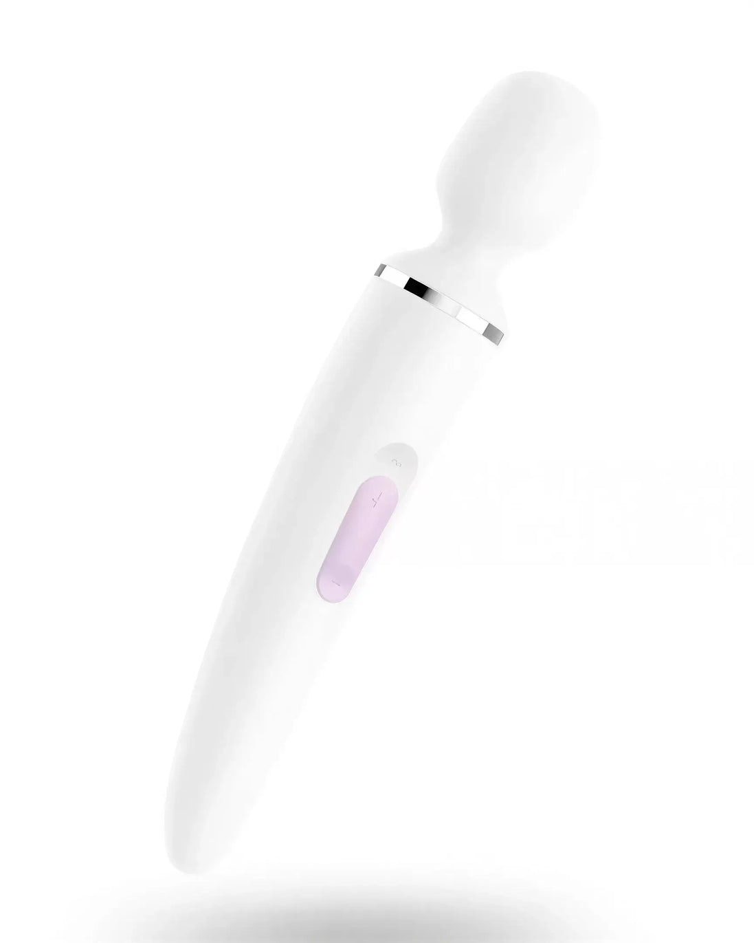 Satisfyer Wand-er Woman Wand in white with a rounded head and purple control button, angled for visibility.