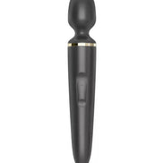 Satisfyer Wand-er Woman wand in black with a rounded head and gold accents, featuring a control button on the handle.