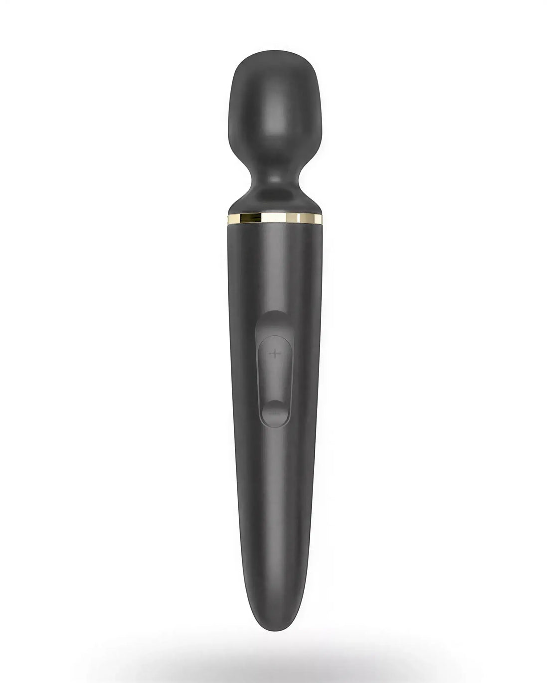 Satisfyer Wand-er Woman wand in black with a rounded head and gold accents, featuring a control button on the handle.
