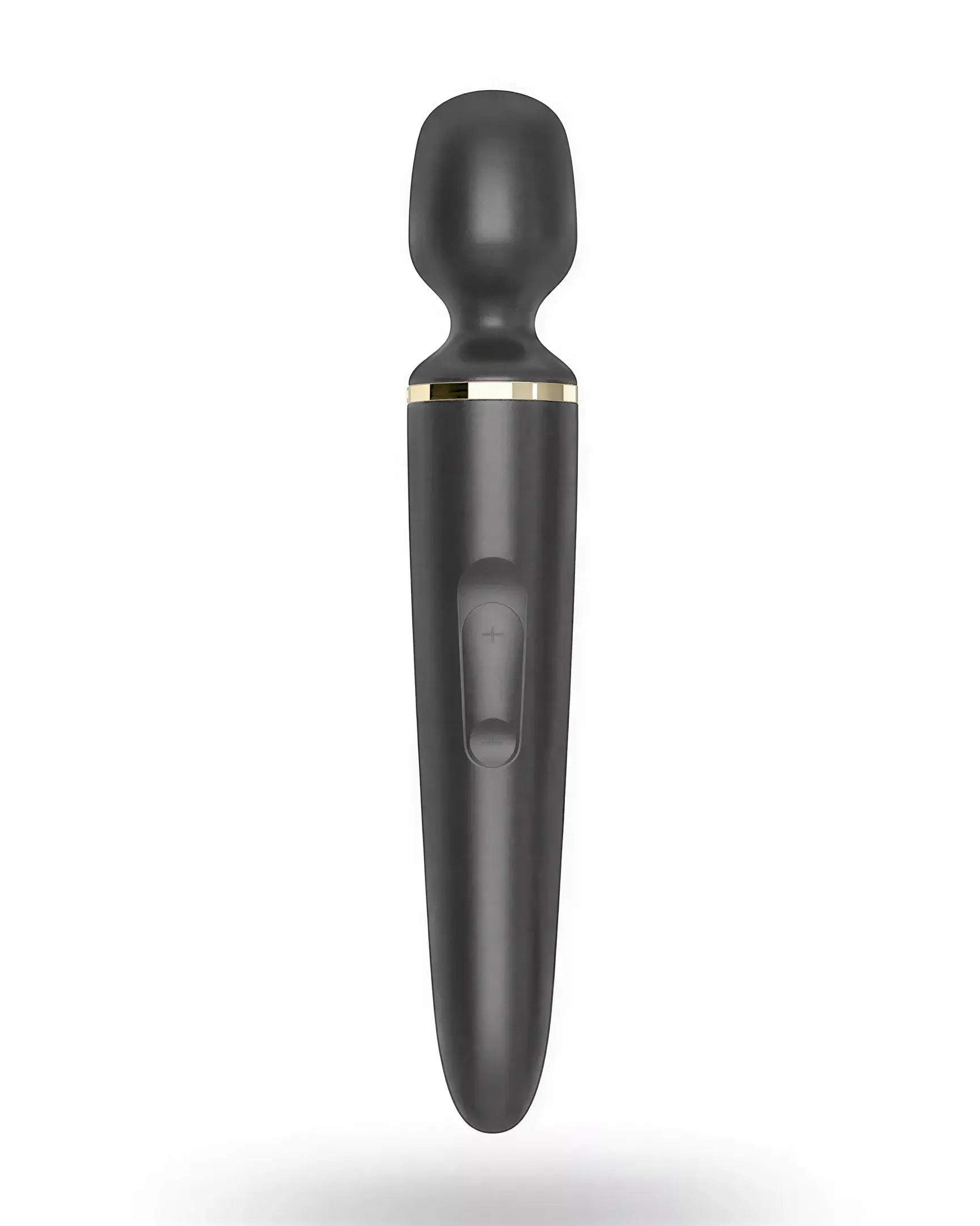 Satisfyer Wand-er Woman wand in black with a rounded head and gold accents, featuring a control button on the handle.