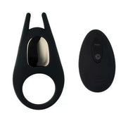 Black vibrating cock ring with a remote control, featuring a sleek design and smooth surface.
