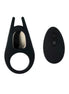 Black vibrating cock ring with a remote control, featuring a sleek design and smooth surface.