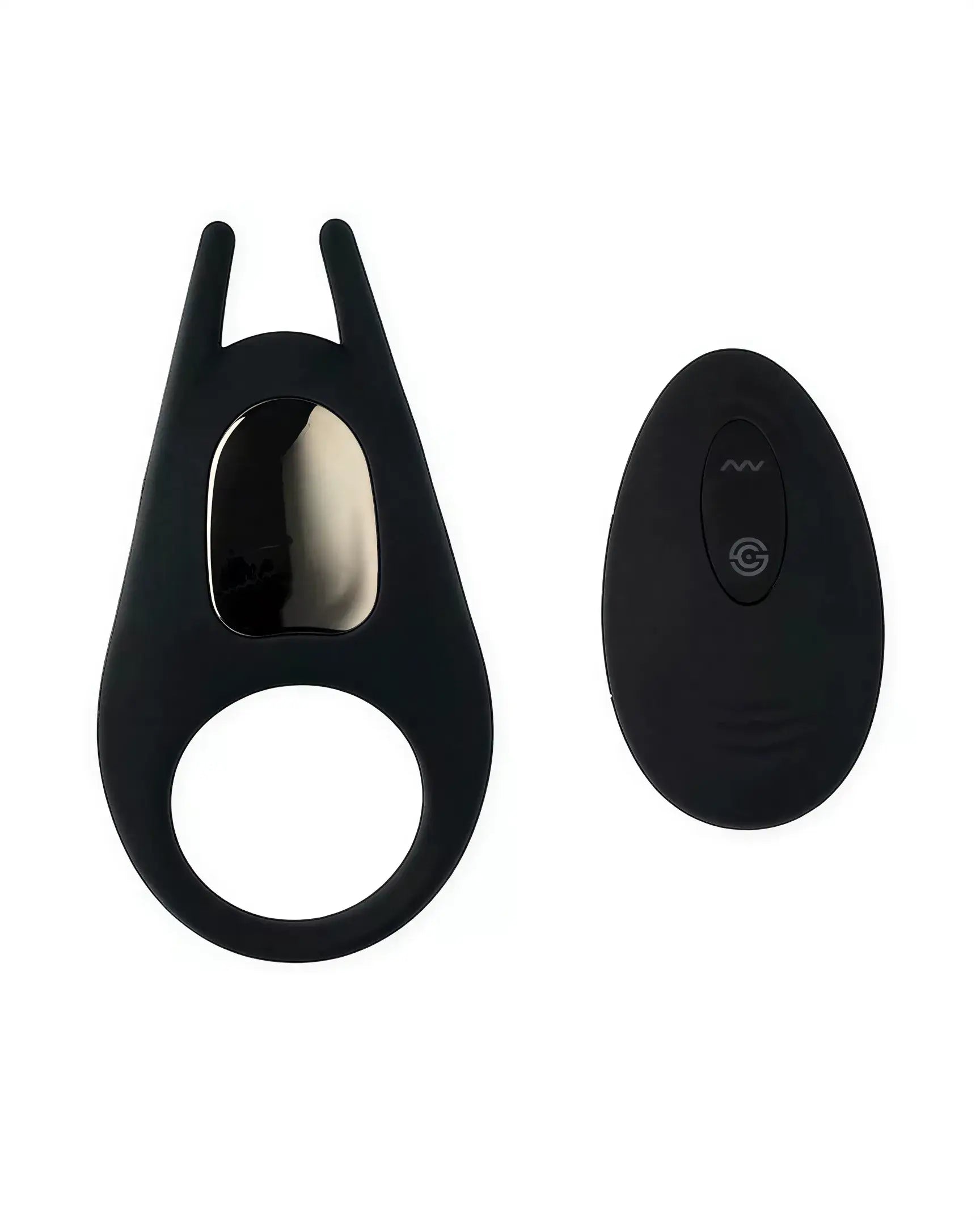 Black vibrating cock ring with a remote control, featuring a sleek design and smooth surface.