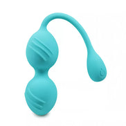 Rechargeable vibrating kegel ball in teal with a flexible connector and textured surface for enhanced grip.