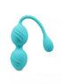 Rechargeable vibrating kegel ball in teal with a flexible connector and textured surface for enhanced grip.