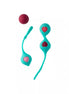 Clio Kegel balls in teal with heart cutouts, featuring a red ball and a flexible retrieval string.