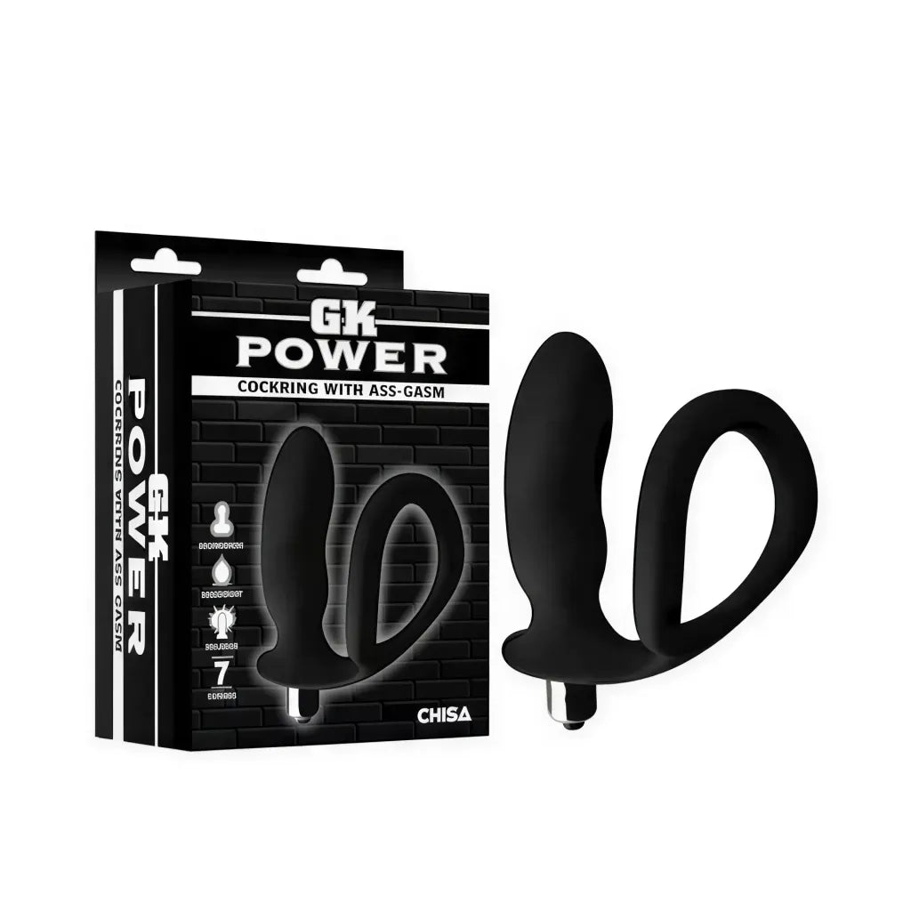 GK Power cockring with Assgasm, featuring a sleek black design and ergonomic shape, displayed alongside its packaging.