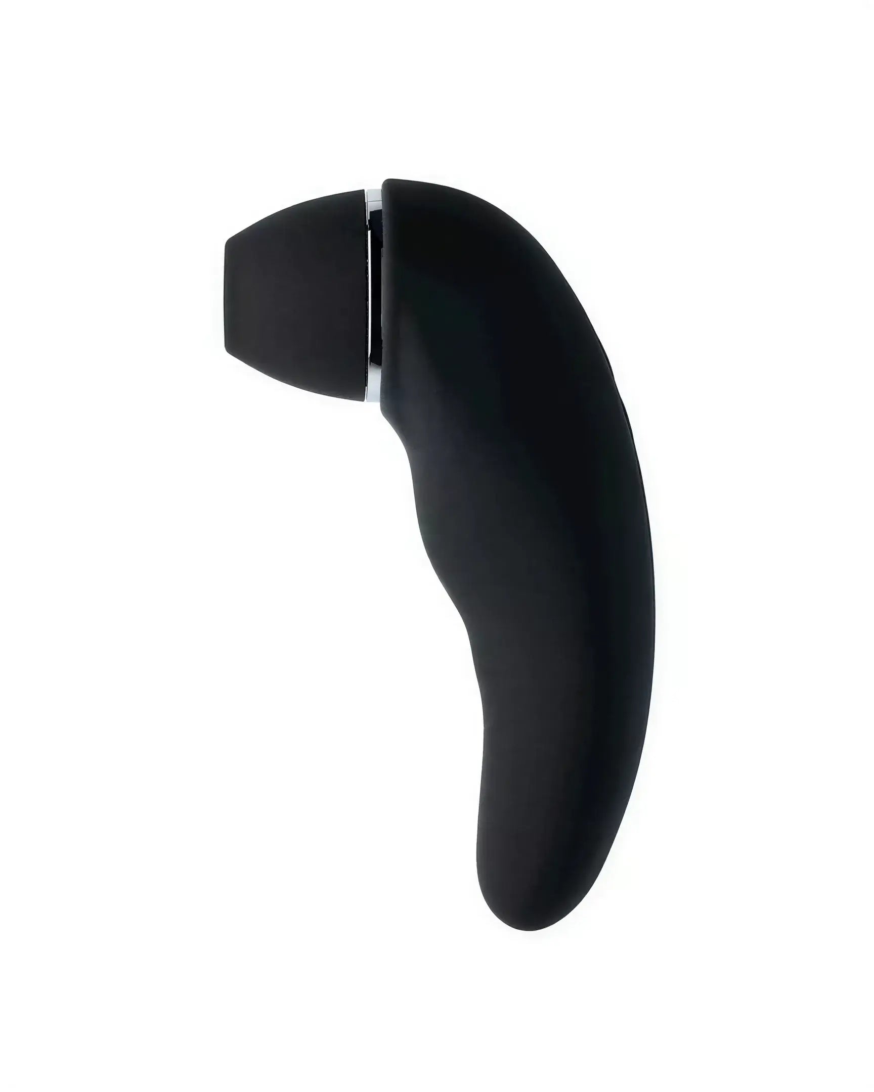 Black Electra sucking vibrator with a curved design and a rounded tip, featuring a sleek, smooth surface.