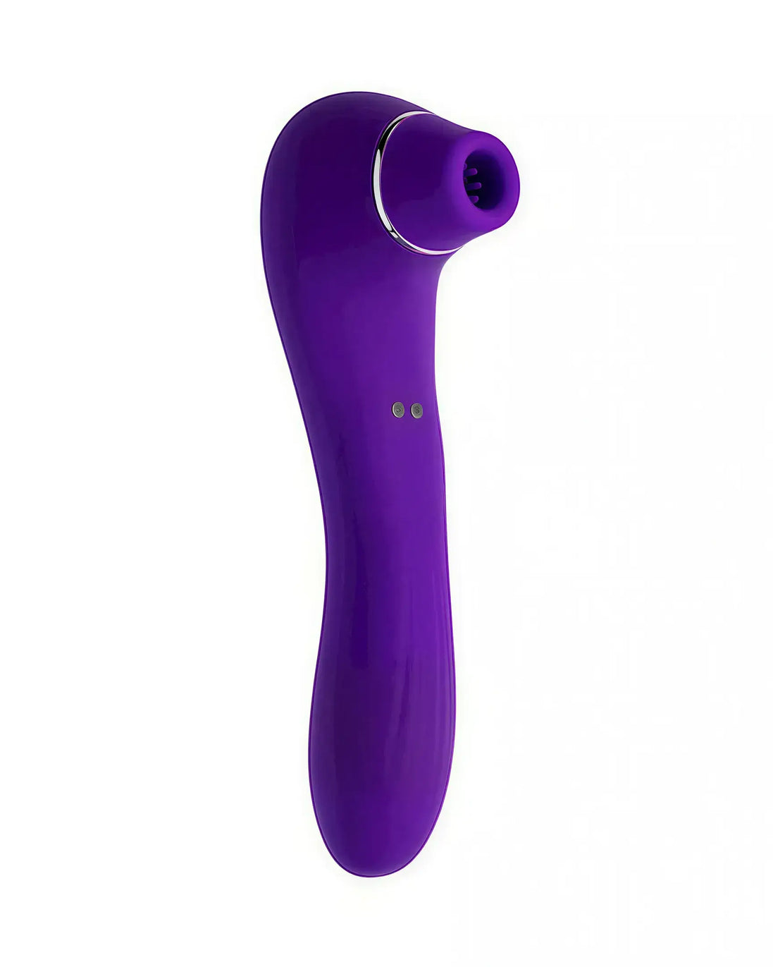 Purple Calla sucking vibrator with a curved design and a rounded tip, featuring two control buttons on the side.
