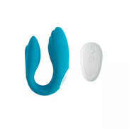 Blue remote-controlled couples vibrator with a sleek design and a white control panel.