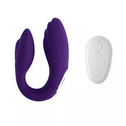 Purple remote-controlled couples vibrator with a sleek design and a white control panel.