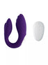 Purple remote-controlled couples vibrator with a sleek design and a white control panel.