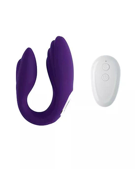 Purple remote-controlled couples vibrator with a sleek design and a white control panel.