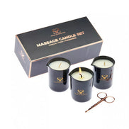 Share Satisfaction massage candle set with three black candles, a gold logo, and a pair of scissors in a gift box.